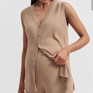 Legoe Heritage Maternity V Neck Rib Tank Top Button Front Latte